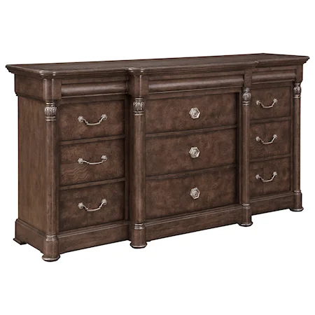 Transitional 9-Drawer Triple Dresser with Antiqued Nickel Metal Accents